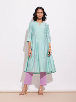 Pink Fort - Chanderi A-Line Kurta and Pants Blue with Lavender (Set of 2)