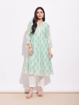 Pink Fort - Chanderi Ethnic Motif Kurta with Pants Green and White (Set of 2)
