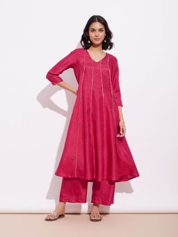 Pink Fort - Poly Silk Solid A-Line Kurta and Palazzo Pink (Set of 2)