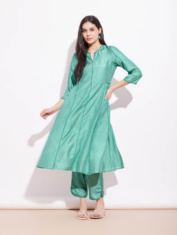 Pink Fort - Silk Blend Colourblock Kurta and Pants Teal Green (Set of 2)