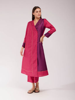 Pink Fort - Silk Blend Colourblock Kurta with Pants Pink and Purple (Set of 2)