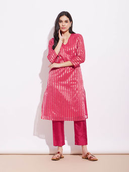 Pink Fort - Silk Tissue Zari Striped Kurta with Pants Pink and Gold (Set of 2)
