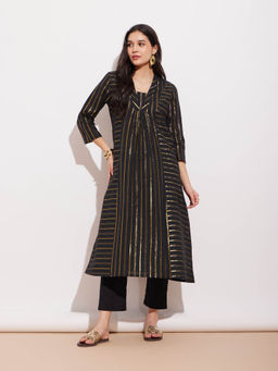 Pink Fort - Cotton Lurex Gold Striped Kurta and Pants - Black (Set of 2)