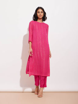 Pink Fort - Georgette Lurex Gold Striped Kurta and Pants Pink (Set of 2)