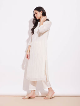 Pink Fort - Georgette Lurex Gold Striped Kurta and Pants Off-White (Set of 2)