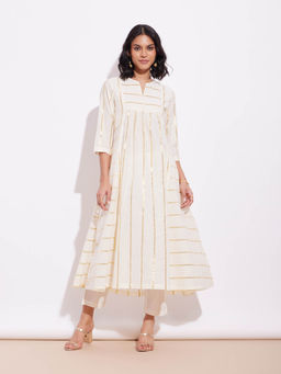 Pink Fort - Cotton Lurex Gold Striped Kurta and Pants Off-White (Set of 2)