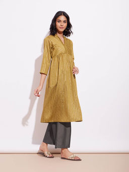 Pink Fort - Lurex Gold Striped Kurta with Palazzo Mustard and Brown (Set of 2)