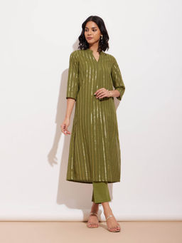 Pink Fort - Cotton Lurex Gold Striped Kurta and Pants Green (Set of 2)