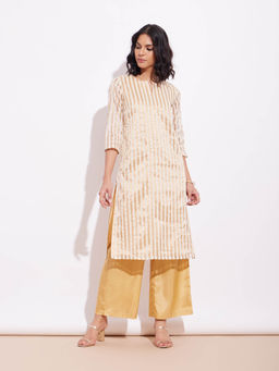 Pink Fort - Viscose Silk Striped Kurta and Palazzo Off-White and Gold (Set of 2)