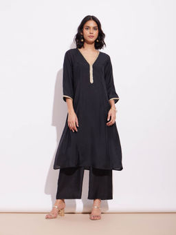 Pink Fort - Poly Silk Solid Kurta and Palazzo Black (Set of 2)