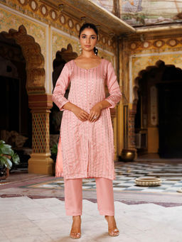 Ragavi - Calypso Peach Embellished Silk Kurta and Pants (Set of 2)