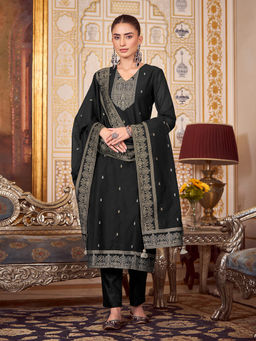 Shaily - Womens Black Silk Blend Woven Design Kurta with Trouser and Dupatta (Set of 3)