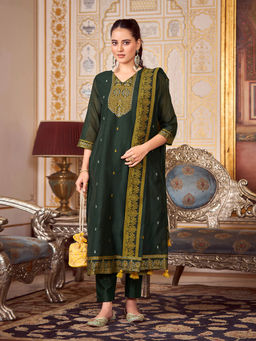 Shaily - Womens Dark Green Woven Design Kurta with Trouser and Woven Dupatta (Set of 3)