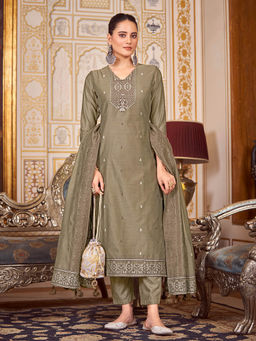 Shaily - Womens Grey Silk Blend Woven Design Kurta with Trouser and Woven Dupatta (Set of 3)