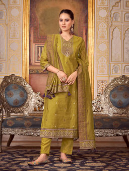 Shaily - Womens Mustard Silk Blend Woven Design Kurta with Trouser and Woven Dupatta (Set of 3)