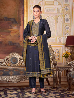 Shaily - Womens Navy Blue Woven Design Kurta with Trouser and Woven Dupatta (Set of 3)