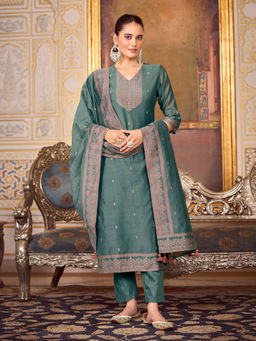 Shaily - Womens Teal Silk Blend Woven Design Kurta with Trouser and Woven Dupatta (Set of 3)