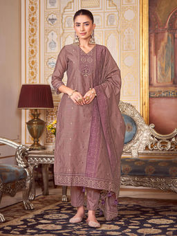 Shaily - Womens Purple Silk Blend Woven Design Kurta with Trouser and Woven Dupatta (Set of 3)