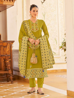 Shaily - Womens Green Silk Blend Woven Design Kurta with Trouser and Woven Dupatta (Set of 3)
