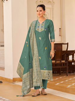 Shaily - Womens Teal Silk Blend Woven Design Kurta with Trouser and Woven Dupatta (Set of 3)