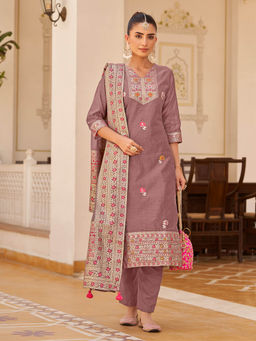 Shaily - Womens Purple Silk Blend Woven Design Kurta with Trouser and Woven Dupatta (Set of 3)