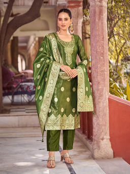 Shaily - Womens Green Silk Blend Woven Design Kurta with Trouser and Woven Dupatta (Set of 3)