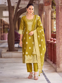 Shaily - Womens Green Silk Blend Woven Design Kurta with Trouser and Woven Dupatta (Set of 3)