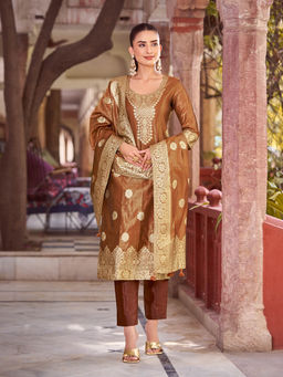 Shaily - Womens Brown Silk Blend Woven Design Kurta with Trouser and Woven Dupatta (Set of 3)