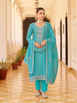 Shaily - Womens Sky Blue Silk Blend Embroidered Kurta with Trouser and Dupatta (Set of 3)