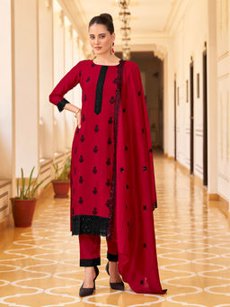 Shaily - Womens Red Silk Blend Embroidered Kurta with Trouser and Dupatta (Set of 3)