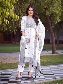 Shaily - Womens White Pure Muslin Woven Design Kurta with Trouser and Dupatta (Set of 3)