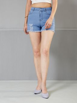 Miss Chase - Women's Blue Relaxed Fit Highly Distressed Mid Rise Ripped Denim Shorts