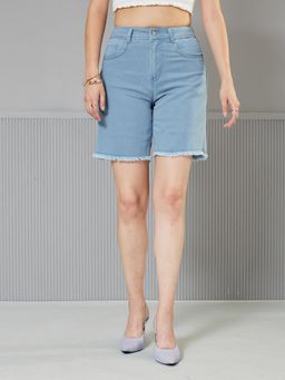 Miss Chase - Women's Light Blue Regular High Rise Above Knee Stretchable Denim Shorts