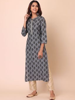 Indya - Grey Block Print Collared Rayon Kurta