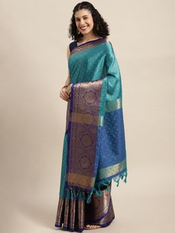Vastranand - Teal Woven Design Banarasi Saree with Unstitched Blouse