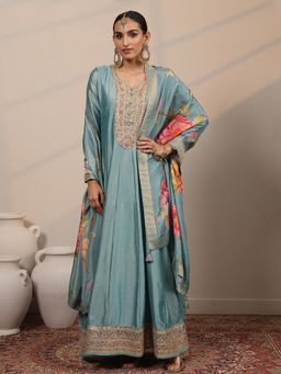 Libas - Blue Zari Embroidered Flared Gown with Floral Dupatta