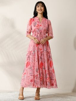 Libas - Pink Floral Printed Fit and Flare Dress