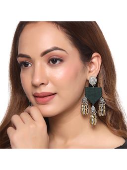 Yellow Chimes - Green and Silver-Toned German Silver Beaded Drop Earrings