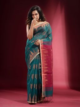 CHARUKRITI - Teal with Zari Floral Design and Temple Border Saree with Unstitched Blouse