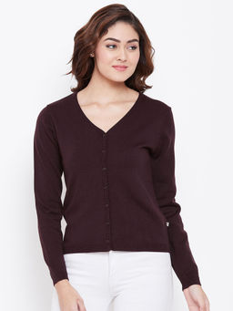 Madame - Solid V Neck Casual Women Brown Sweater