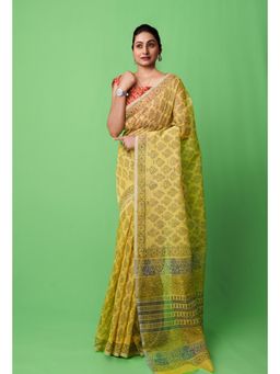 Unnati Silks - Yellow Block Printed Supernet Saree with Unstitched Blouse