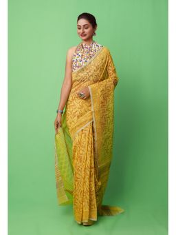 Unnati Silks - Yellow Block Printed Supernet Saree with Unstitched Blouse