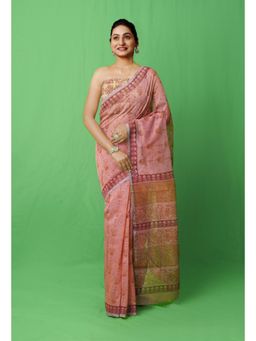 Unnati Silks - Peach Pink Block Printed Supernet Saree with Unstitched Blouse