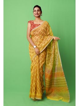 Unnati Silks - Yellow Block Printed Supernet Saree with Unstitched Blouse
