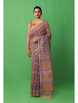 Unnati Silks - Peach Pink Block Printed Supernet Saree with Unstitched Blouse
