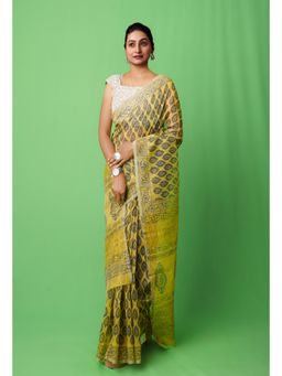 Unnati Silks - Yellow Block Printed Supernet Saree with Unstitched Blouse