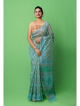 Unnati Silks - Green Block Printed Supernet Saree with Unstitched Blouse