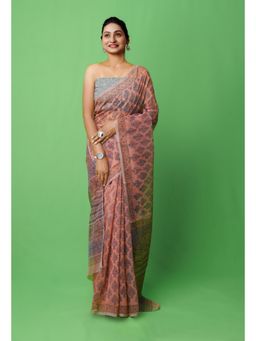 Unnati Silks - Peach Pink Block Printed Supernet Saree with Unstitched Blouse