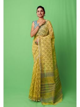 Unnati Silks - Yellow Block Printed Supernet Saree with Unstitched Blouse