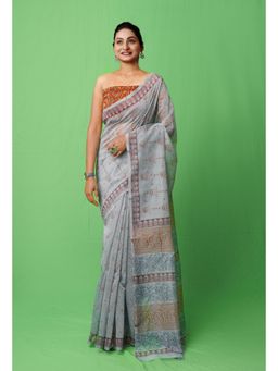 Unnati Silks - Grey Block Printed Supernet Saree with Unstitched Blouse